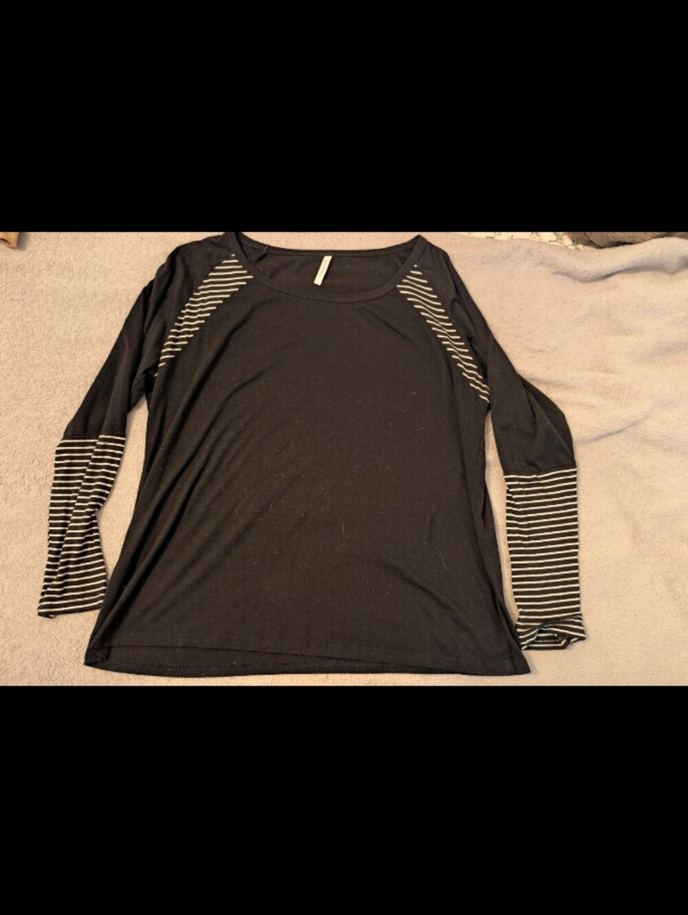 Black Long Sleeve Scoop Neck Tee with Cream Stripe Accents